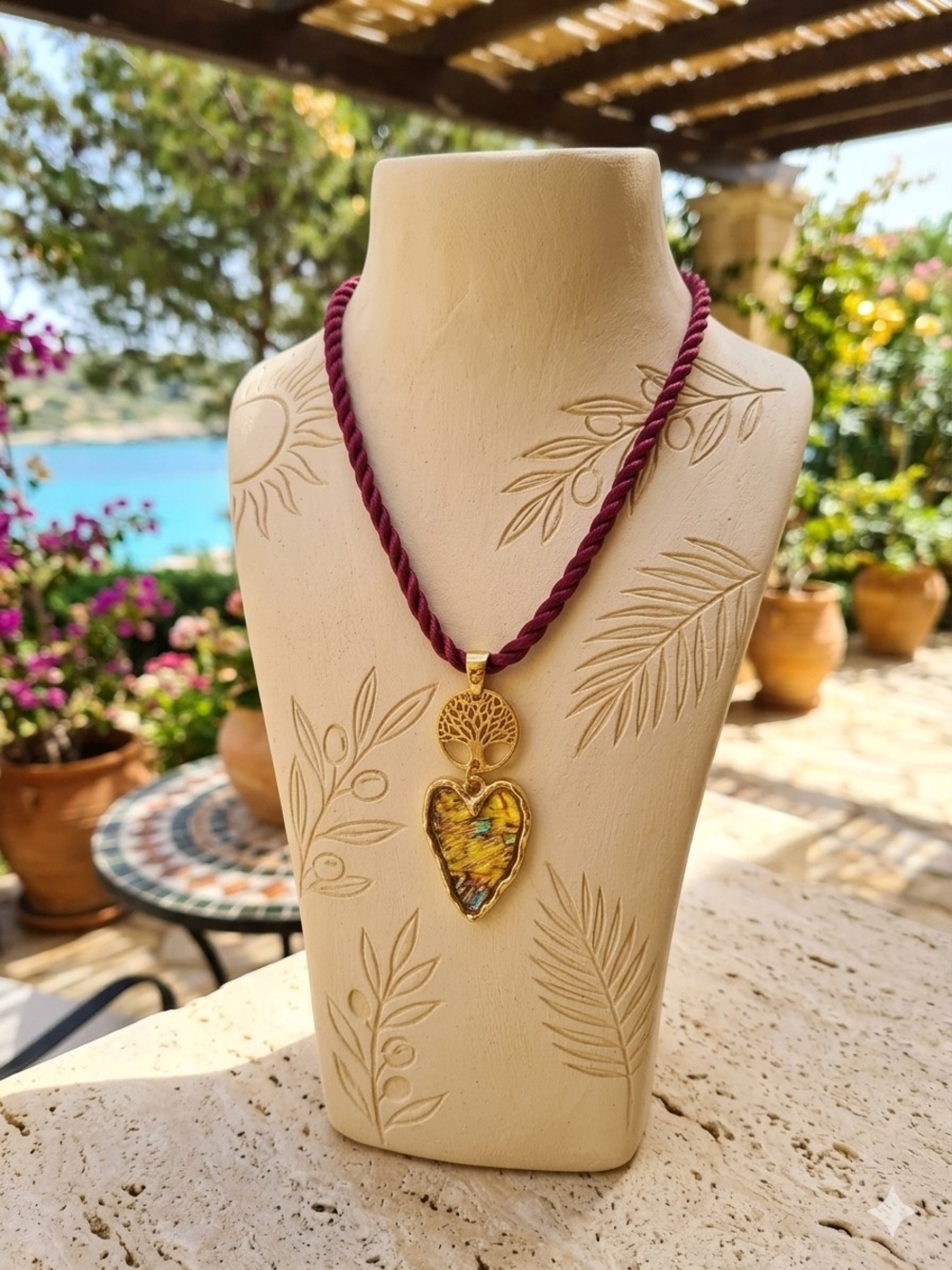Abalone Gold Tree of Life Heart Pendant Necklace on Burgundy Cord